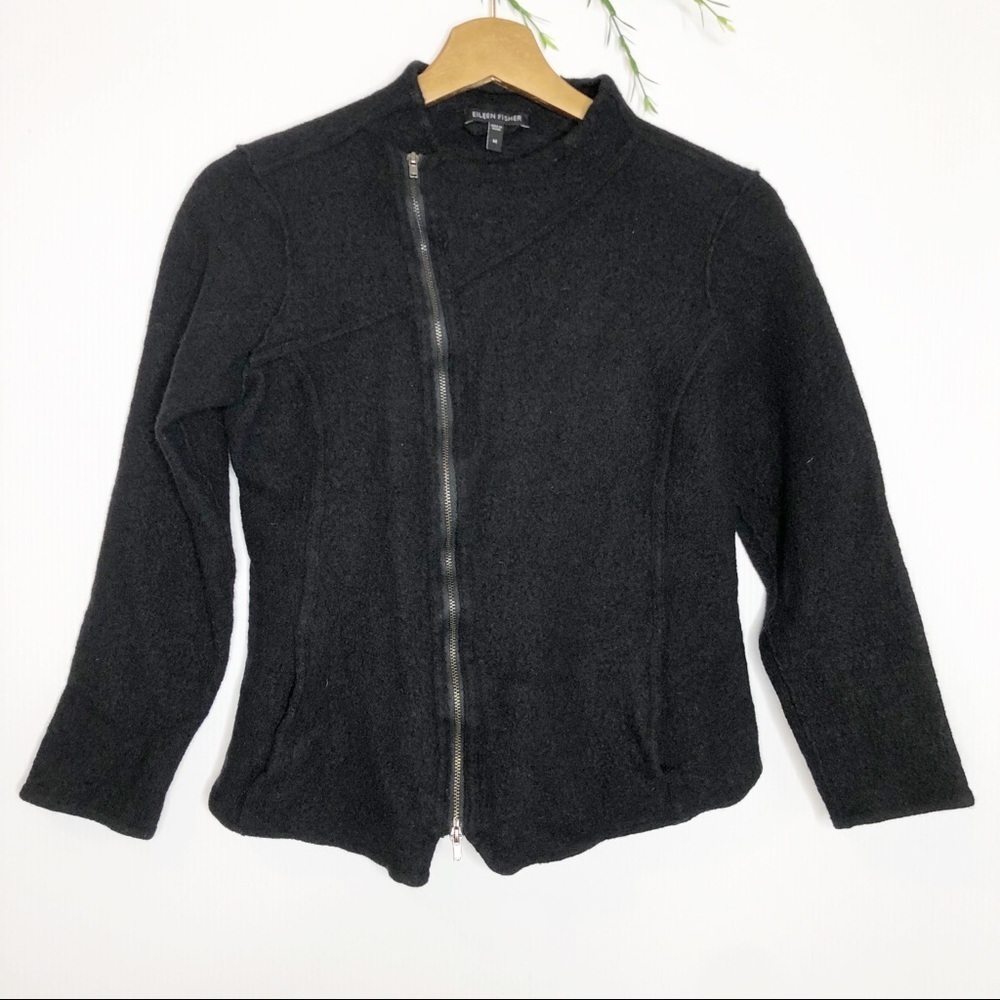 Eileen Fisher- Blk Merino Wool Asymmetrical Jacket- M